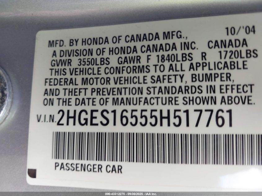 2005 Honda Civic Lx VIN: 2HGES16555H517761 Lot: 43312275