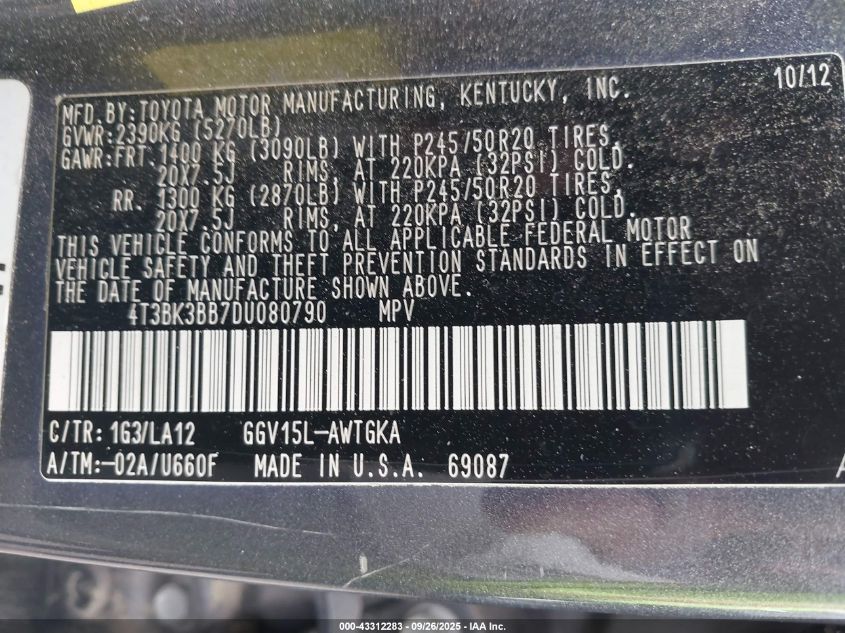 2013 Toyota Venza Limited V6 VIN: 4T3BK3BB7DU080790 Lot: 43312283