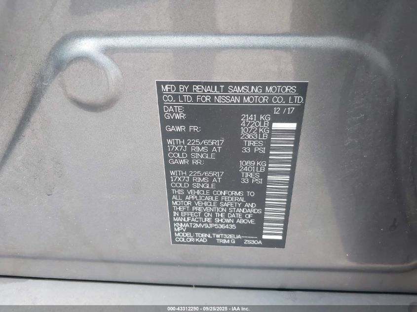 2018 Nissan Rogue Sv VIN: KNMAT2MV9JP536435 Lot: 43312290