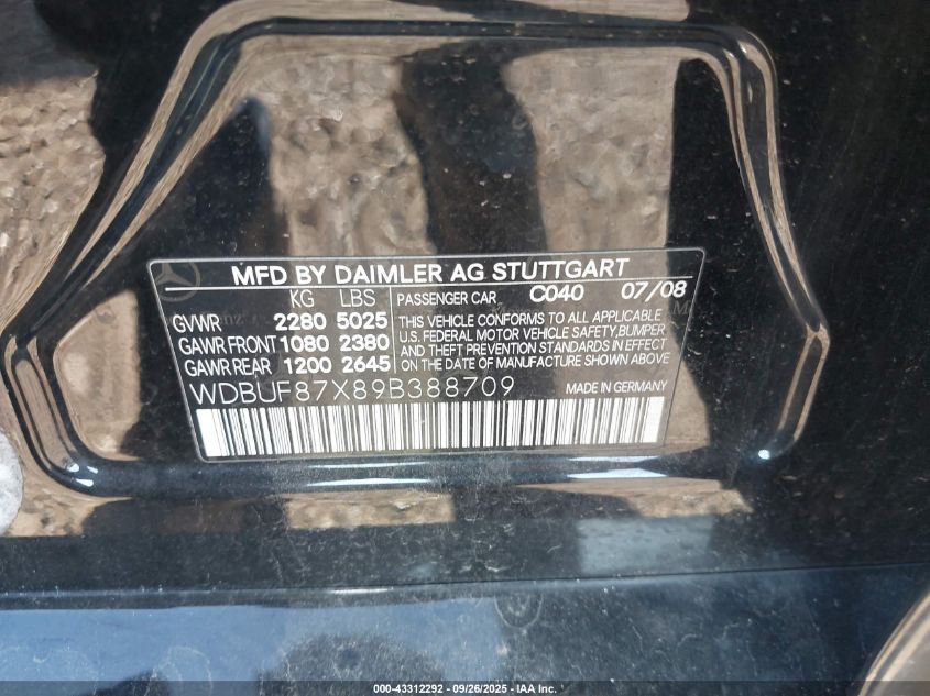 2009 Mercedes-Benz E 350 4Matic VIN: WDBUF87X89B388709 Lot: 43312292