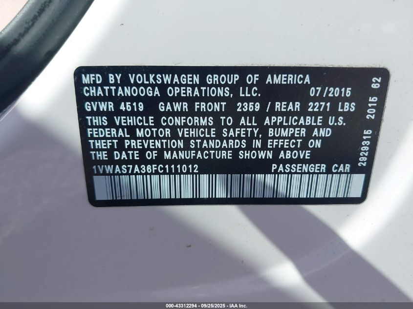 2015 Volkswagen Passat 1.8T Limited Edition VIN: 1VWAS7A36FC111012 Lot: 43312294