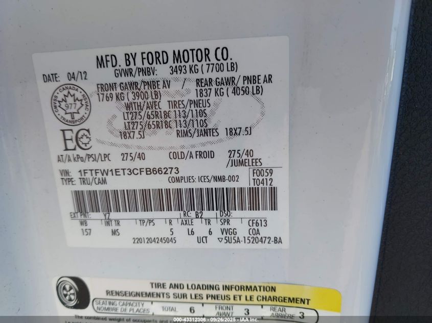 2012 Ford F-150 Xlt VIN: 1FTFW1ET3CFB66273 Lot: 43312306