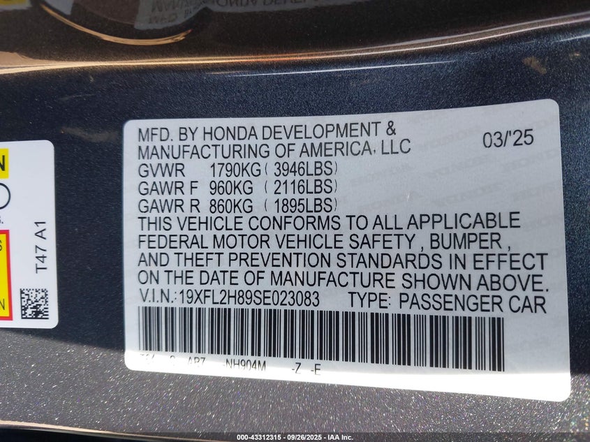 19XFL2H89SE023083 2025 HONDA CIVIC photo no. 9