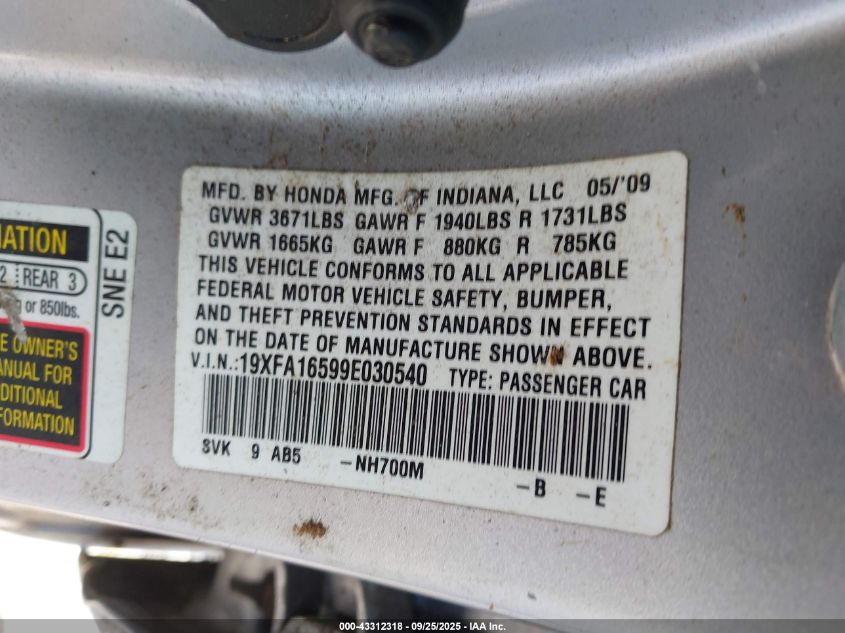 2009 Honda Civic Lx VIN: 19XFA16599E030540 Lot: 43312318