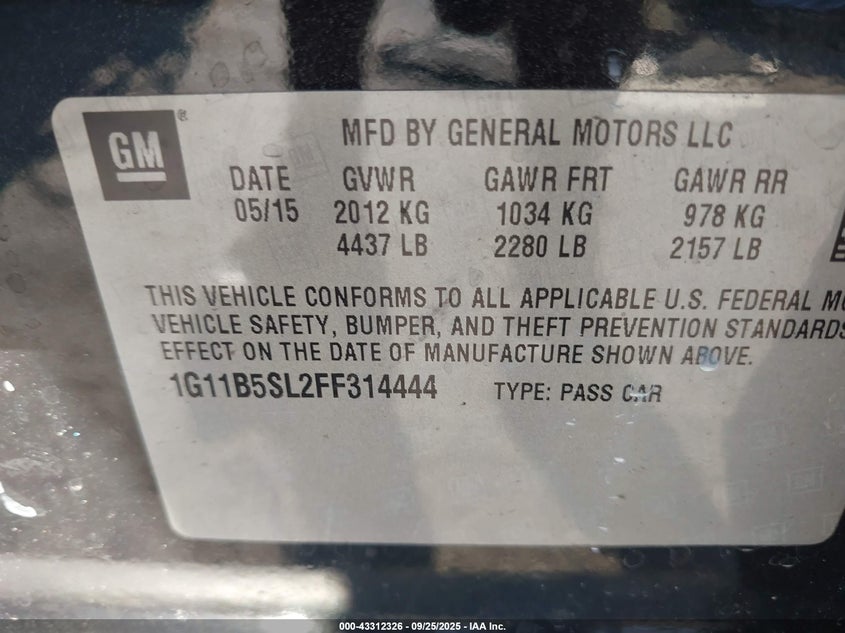 2015 Chevrolet Malibu Ls VIN: 1G11B5SL2FF314444 Lot: 43312326