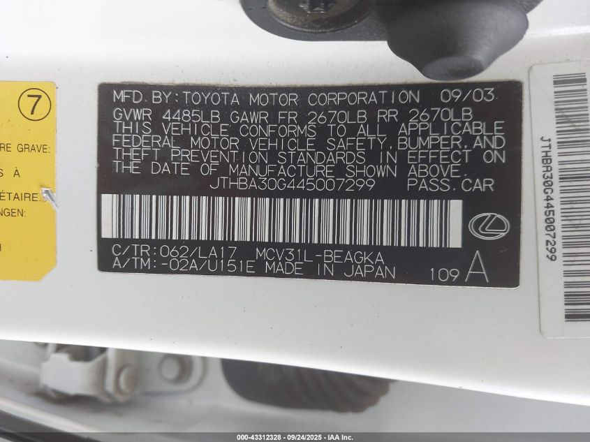 2004 Lexus Es 330 VIN: JTHBA30G445007299 Lot: 43312328