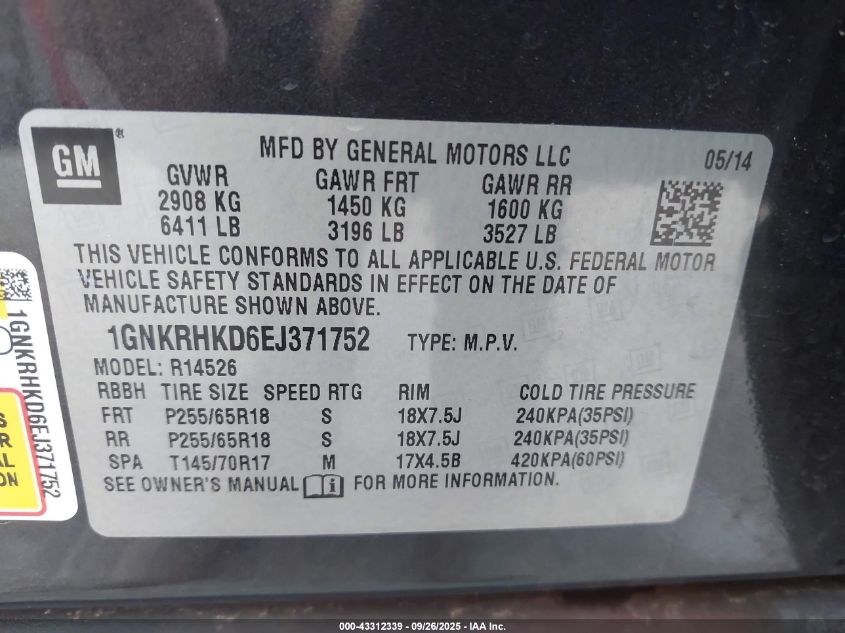 2014 Chevrolet Traverse 2Lt VIN: 1GNKRHKD6EJ371752 Lot: 43312339