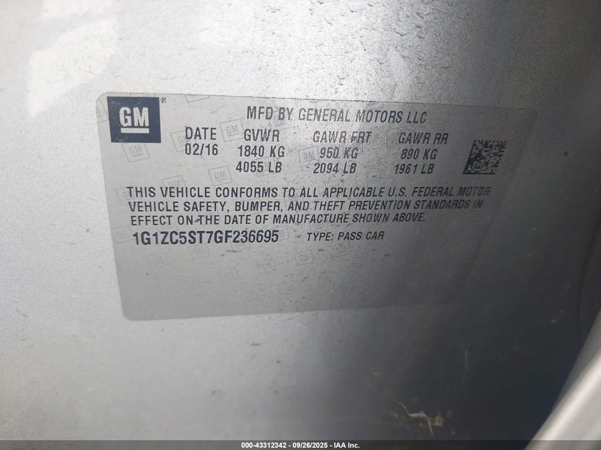 2016 Chevrolet Malibu 1Fl VIN: 1G1ZC5ST7GF236695 Lot: 43312342