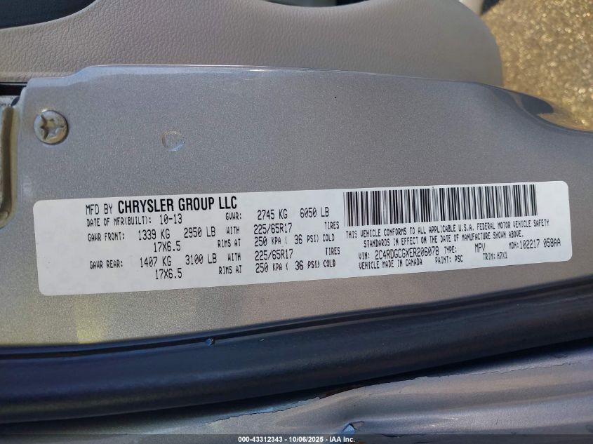 2014 Dodge Grand Caravan Sxt VIN: 2C4RDGCGXER206078 Lot: 43312343