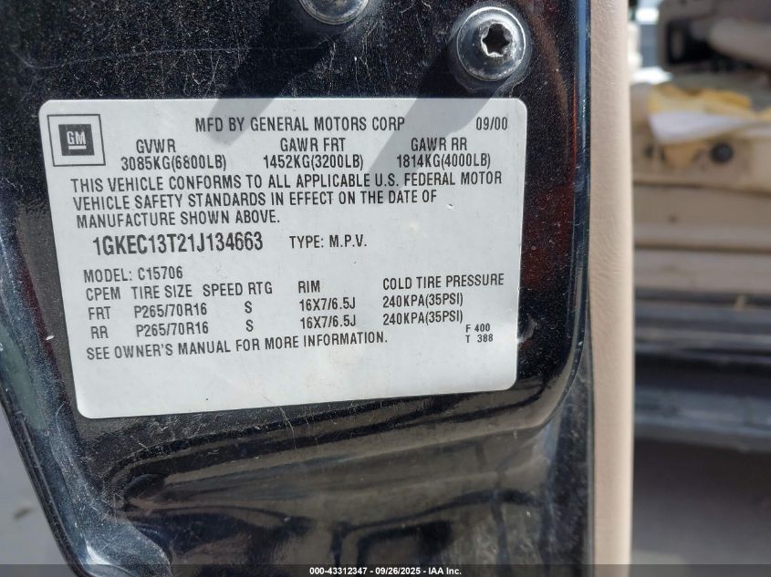 2001 GMC Yukon Slt VIN: 1GKEC13T21J134663 Lot: 43312347