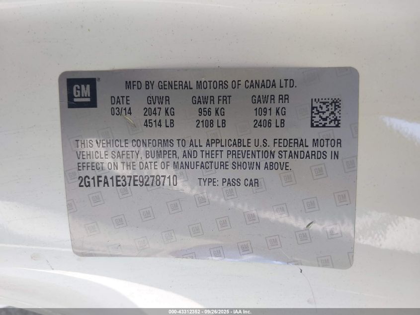 2014 Chevrolet Camaro 2Ls VIN: 2G1FA1E37E9278710 Lot: 43312352