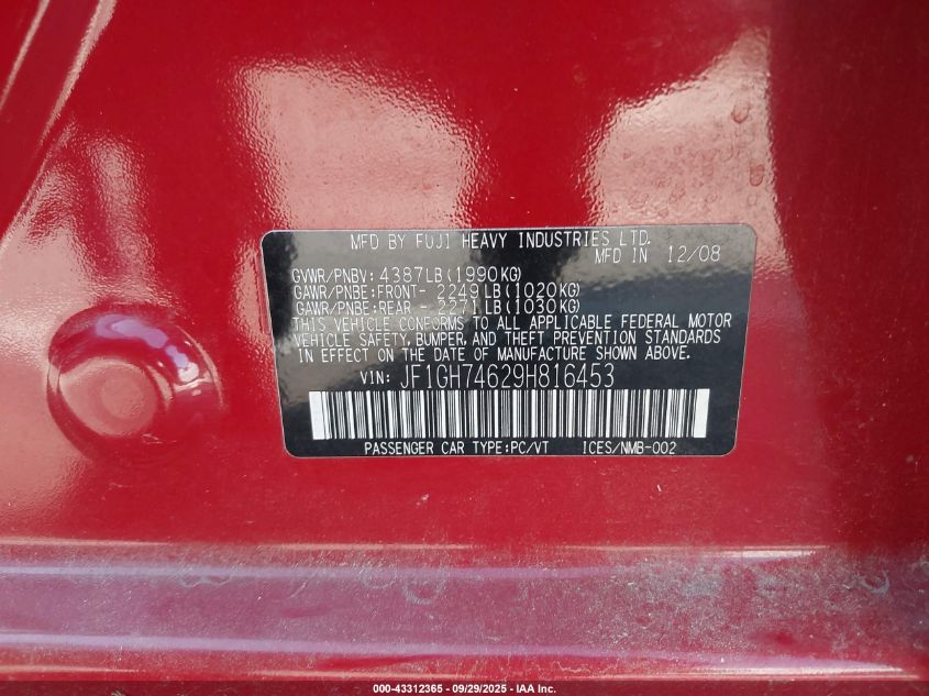 2009 Subaru Impreza 2.5Gt VIN: JF1GH74629H816453 Lot: 43312365