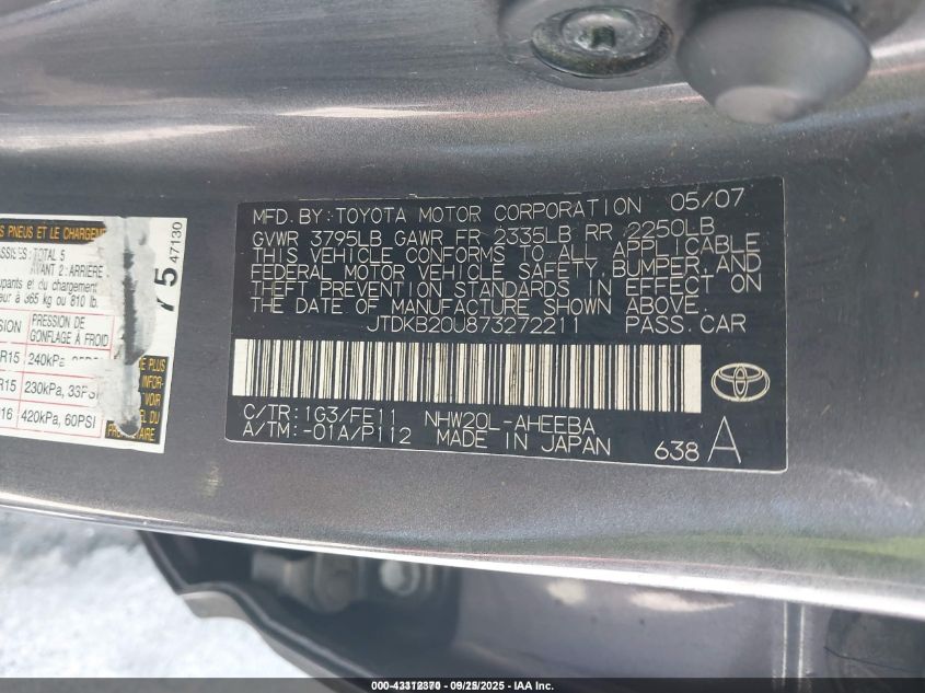 2007 Toyota Prius VIN: JTDKB20U873272211 Lot: 43312370