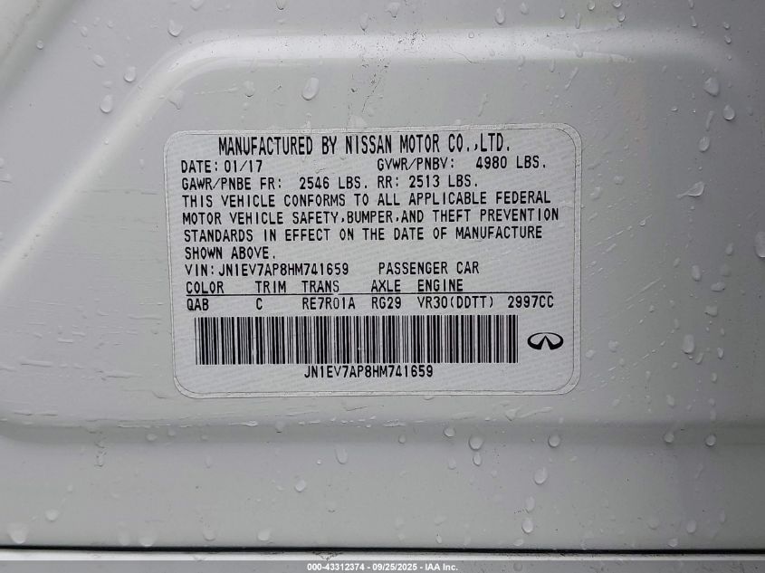 2017 Infiniti Q50 3.0T Signature Edition VIN: JN1EV7AP8HM741659 Lot: 43312374