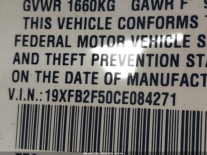 2012 Honda Civic Lx VIN: 19XFB2F50CE084271 Lot: 43312380