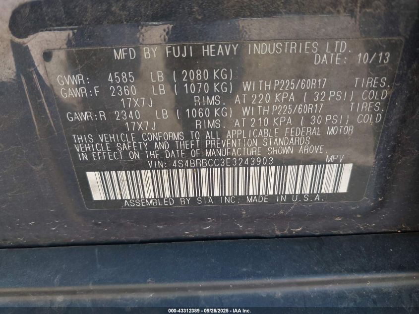 2014 Subaru Outback 2.5I Premium VIN: 4S4BRBCC3E3243903 Lot: 43312389