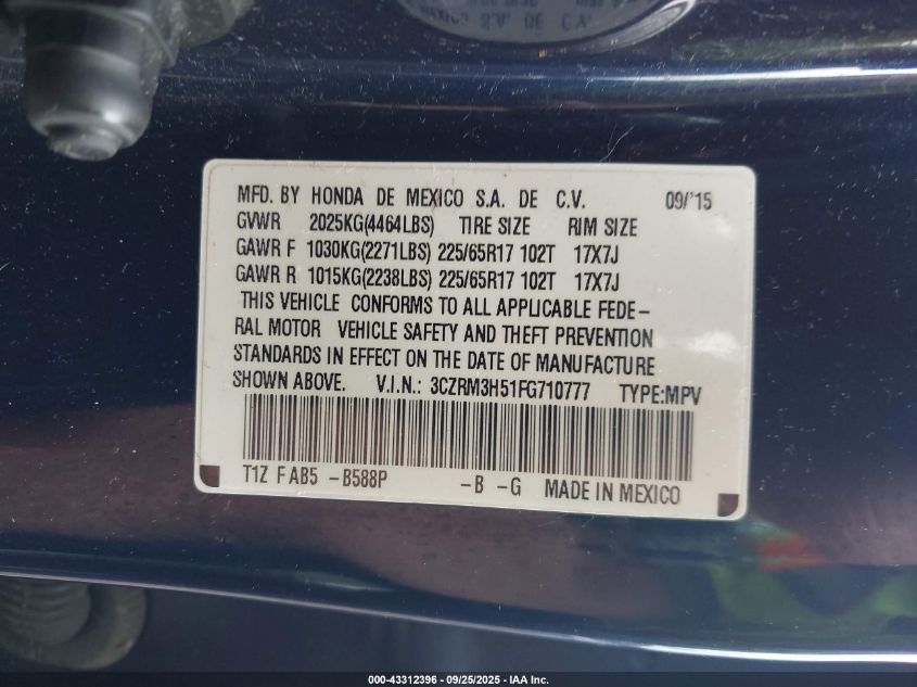 2015 Honda Cr-V Ex VIN: 3CZRM3H51FG710777 Lot: 43312396