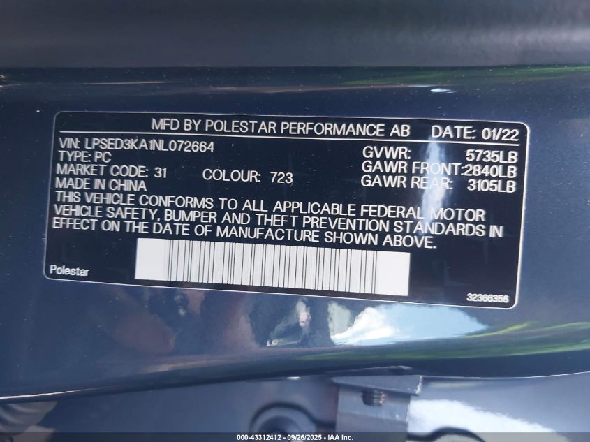 2022 Polestar 2 Long Range Dual Motor VIN: LPSED3KA1NL072664 Lot: 43312412