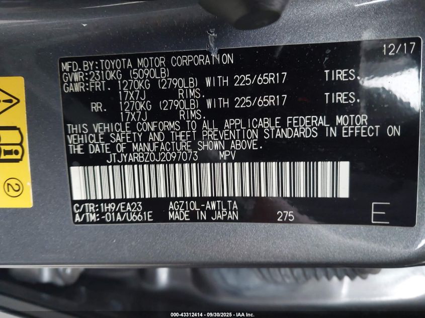 2018 Lexus Nx 300 VIN: JTJYARBZ0J2097073 Lot: 43312414