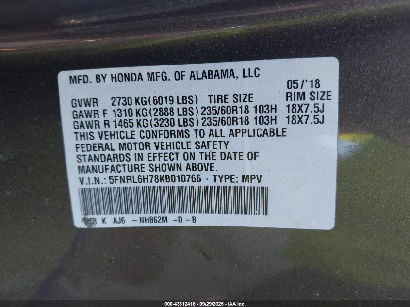 2019 Honda Odyssey Ex-L VIN: 5FNRL6H78KB010766 Lot: 43312418