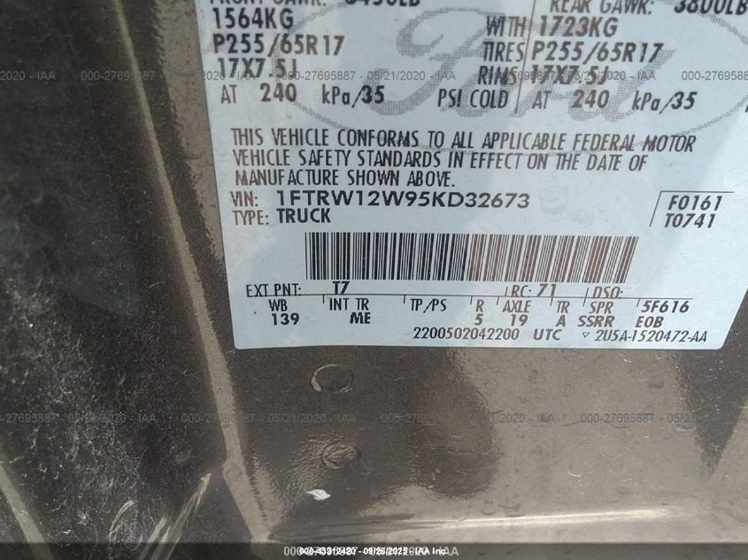 2005 Ford F-150 Xlt VIN: 1FTRW12W95KD32673 Lot: 43312420