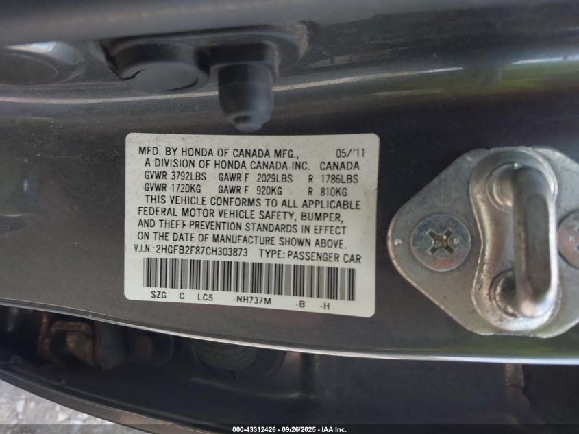 2012 Honda Civic Ex VIN: 2HGFB2F87CH303873 Lot: 43312426