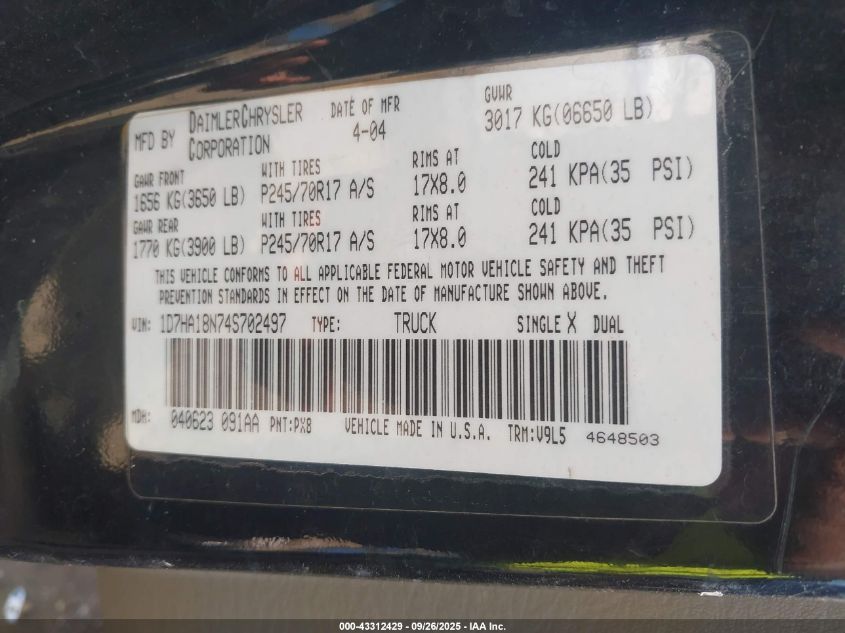 2004 Dodge Ram 1500 Slt/Laramie VIN: 1D7HA18N74S702497 Lot: 43312429