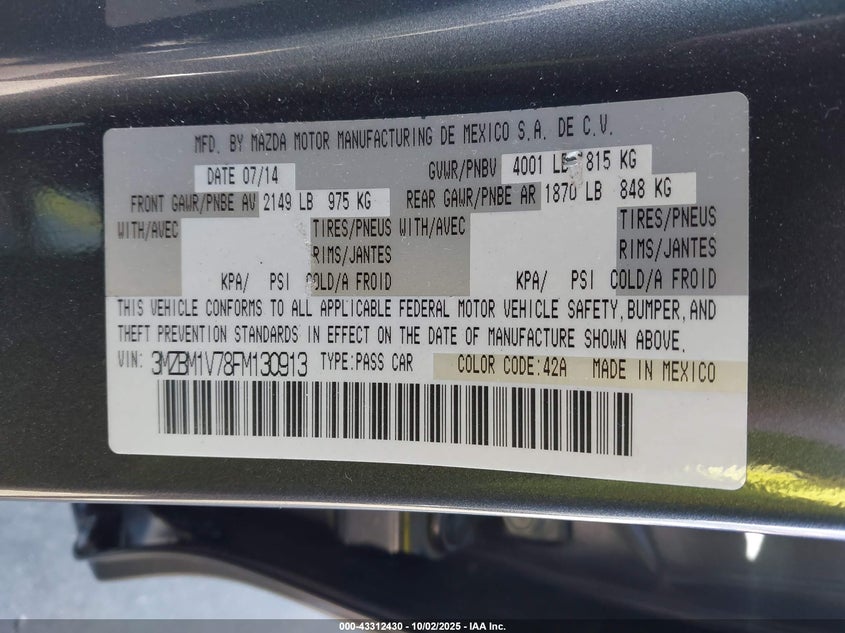 2015 MAZDA MAZDA3 I TOURING - 3MZBM1V78FM130913