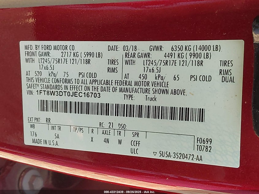 2018 Ford F-350 Lariat VIN: 1FT8W3DT0JEC16703 Lot: 43312439
