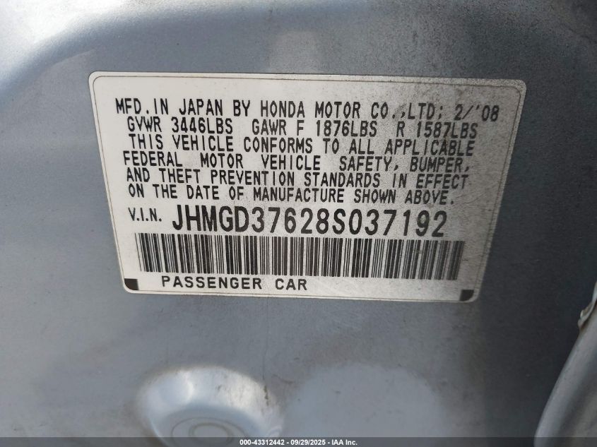 2008 Honda Fit Sport VIN: JHMGD37628S037192 Lot: 43312442