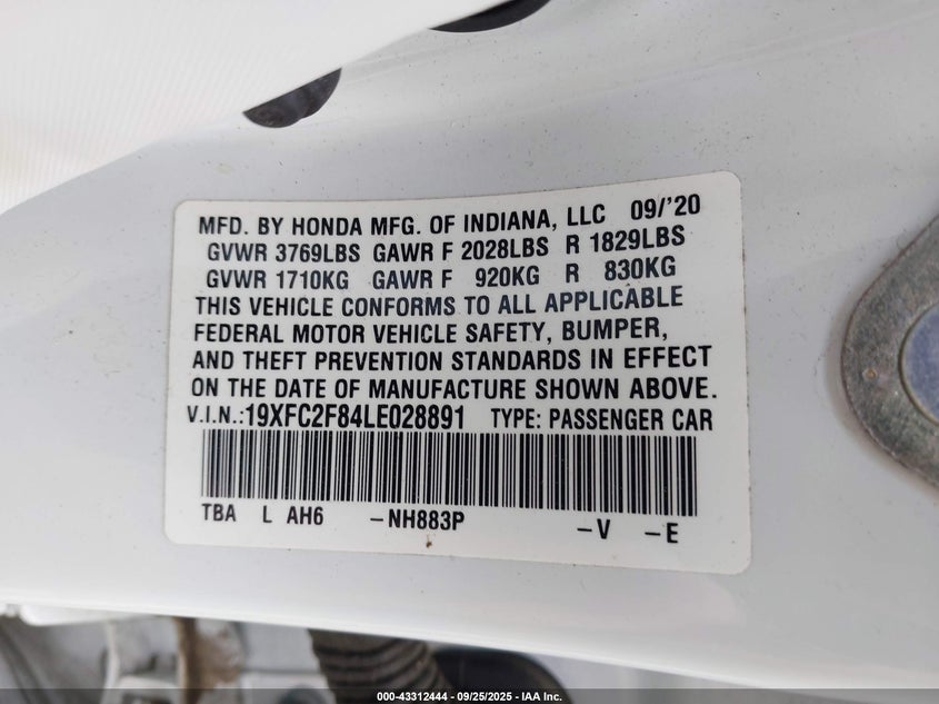 2020 HONDA CIVIC SPORT - 19XFC2F84LE028891