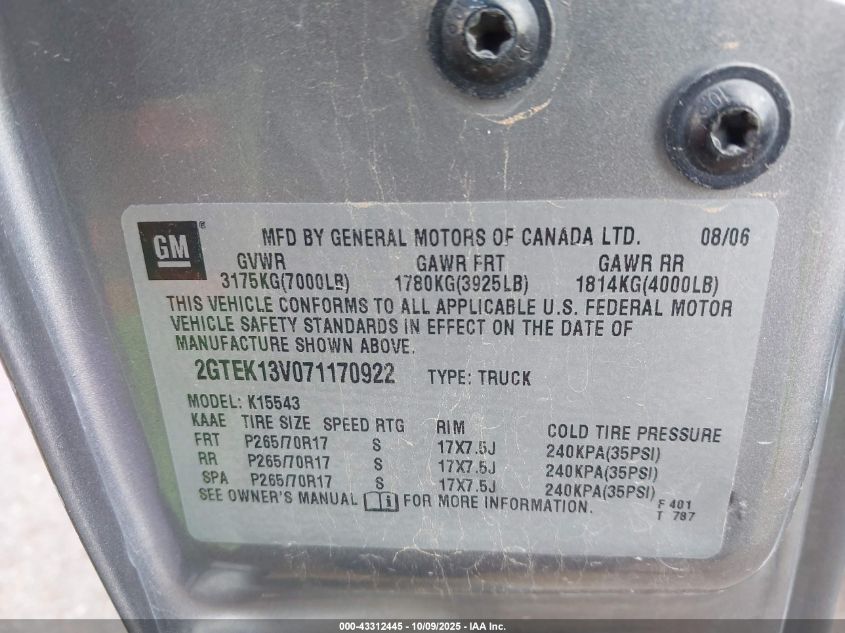 2007 GMC Sierra 1500 Classic Sl VIN: 2GTEK13V071170922 Lot: 43312445