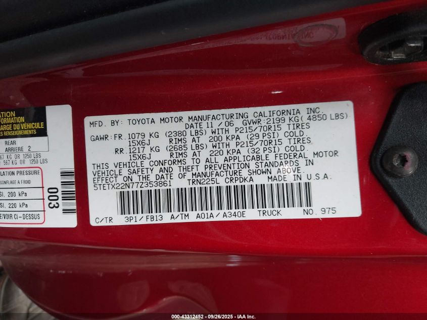 2007 Toyota Tacoma VIN: 5TETX22N77Z353861 Lot: 43312452