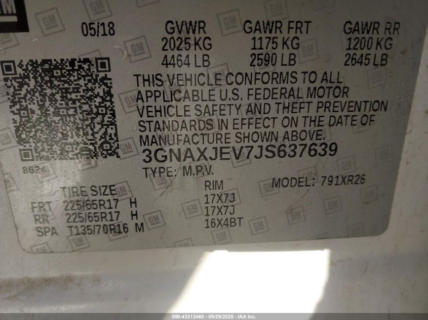 2018 Chevrolet Equinox Lt VIN: 3GNAXJEV7JS637639 Lot: 43312460