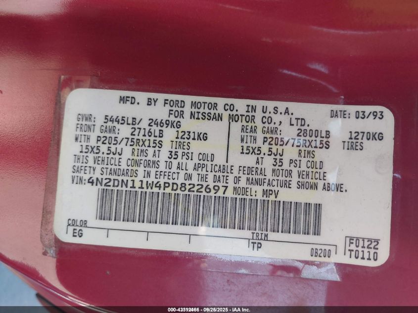 1993 Nissan Quest Gxe/Xe VIN: 4N2DN11W4PD822697 Lot: 43312466