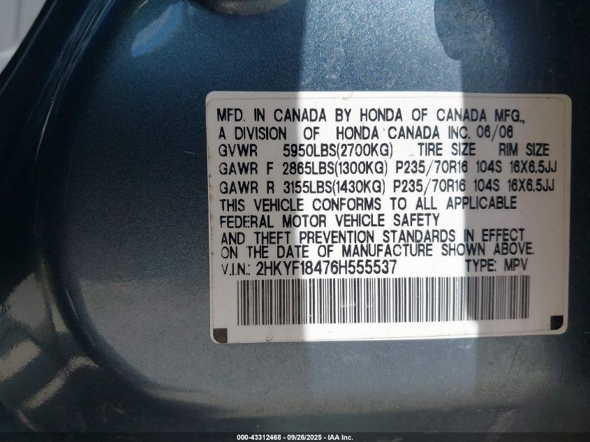 2006 Honda Pilot Ex VIN: 2HKYF18476H555537 Lot: 43312468