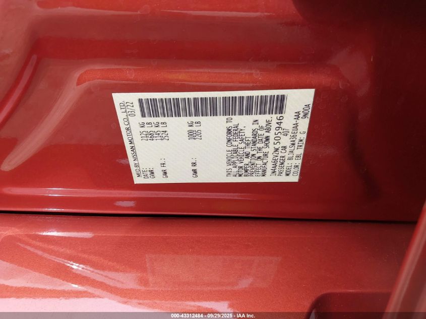 2022 Nissan Maxima Sr Xtronic Cvt VIN: 1N4AA6EV2NC505946 Lot: 43312484