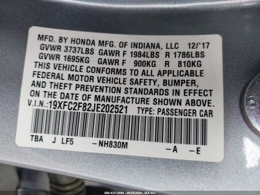 2018 Honda Civic Ex VIN: 19XFC2F82JE202521 Lot: 43312494