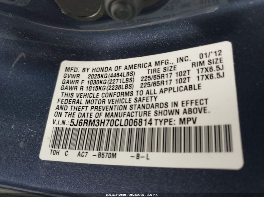 2012 Honda Cr-V Ex-L VIN: 5J6RM3H70CL006814 Lot: 43312499