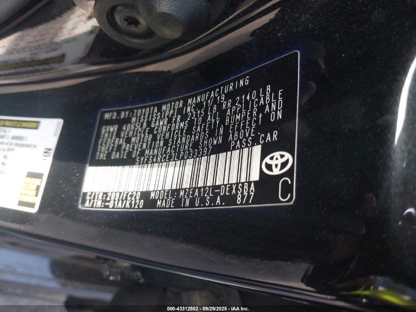 2020 Toyota Corolla Se VIN: 5YFS4RCE3LP033397 Lot: 43312502