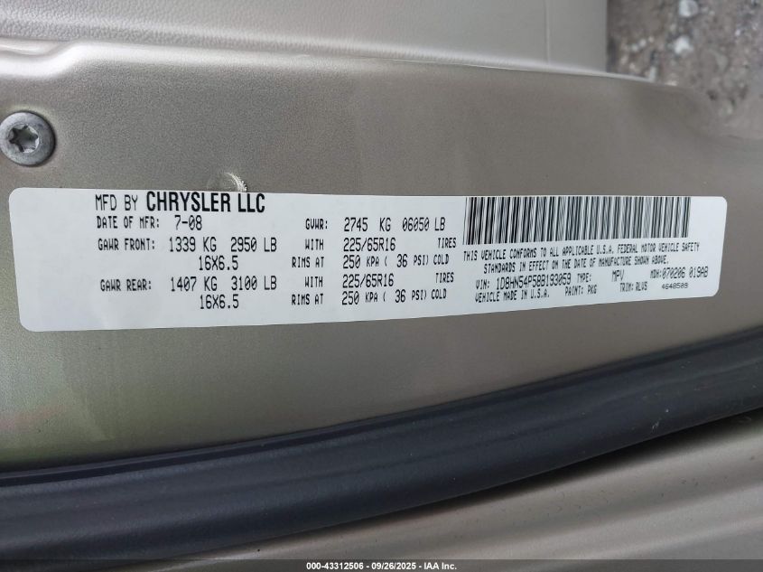 2008 Dodge Grand Caravan Sxt VIN: 1D8HN54P58B193059 Lot: 43312506