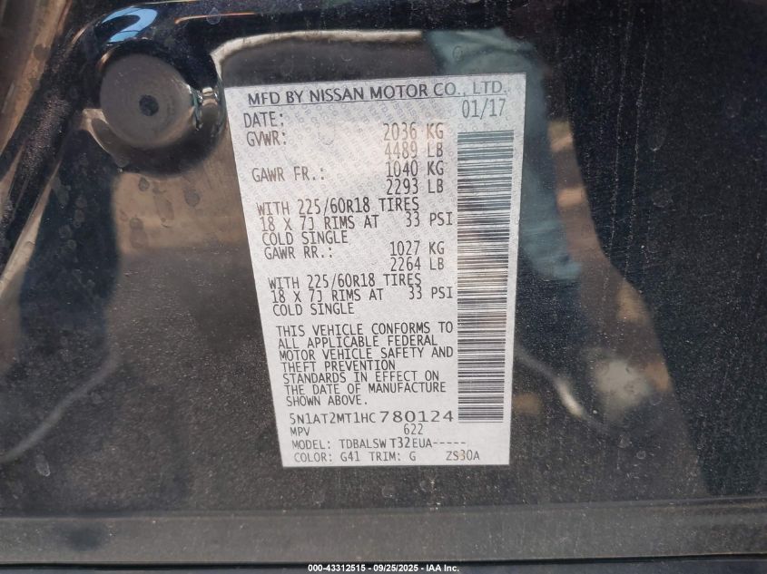 2017 Nissan Rogue Sl VIN: 5N1AT2MT1HC780124 Lot: 43312515