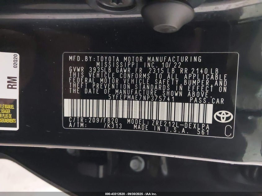 2022 TOYOTA COROLLA LE - 5YFEPMAE7NP375741