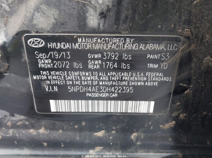 2013 Hyundai Elantra Gls VIN: 5NPDH4AE3DH422395 Lot: 43312522