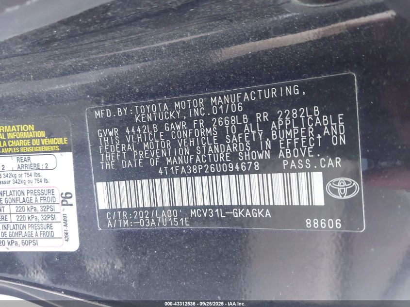 2006 Toyota Camry Solara Sle VIN: 4T1FA38P26U094678 Lot: 43312536