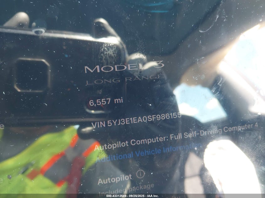 2025 TESLA MODEL 3 LONG RANGE REAR-WHEEL DRIVE 5YJ3E1EA0SF986155