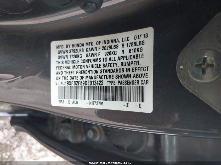 2013 Honda Civic Ex VIN: 19XFB2F89DE013422 Lot: 43312557