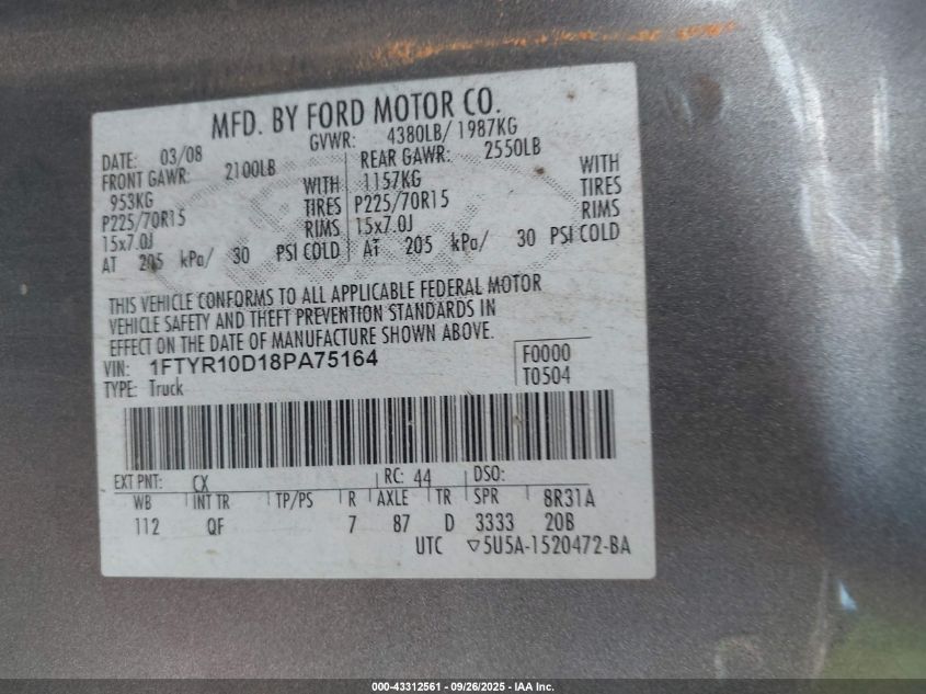 2008 Ford Ranger Xl/Xlt VIN: 1FTYR10D18PA75164 Lot: 43312561