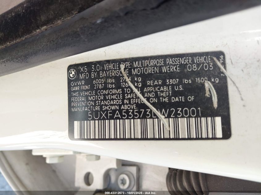 2003 BMW X5 3.0I VIN: 5UXFA53573LW23001 Lot: 43312573