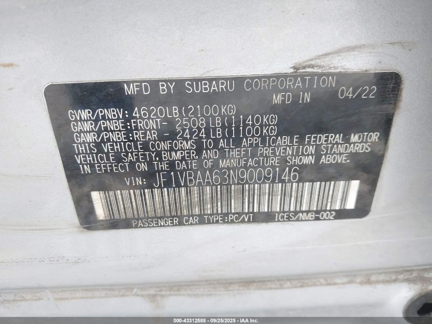 2022 Subaru Wrx VIN: JF1VBAA63N9009146 Lot: 43312588